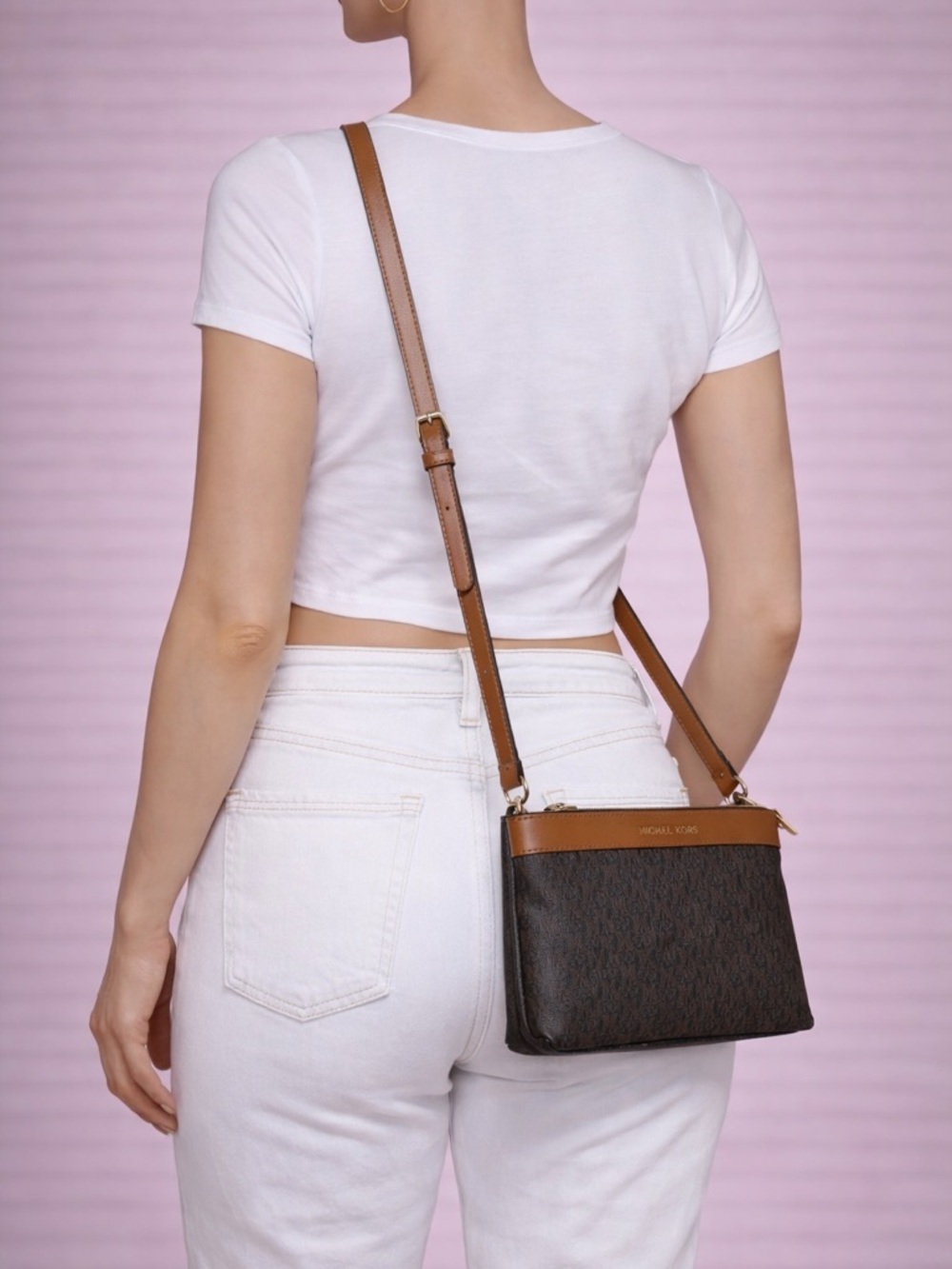 Michael Kors Jet Set Travel Brown Monogram Crossbody Bag Adjustable Strap